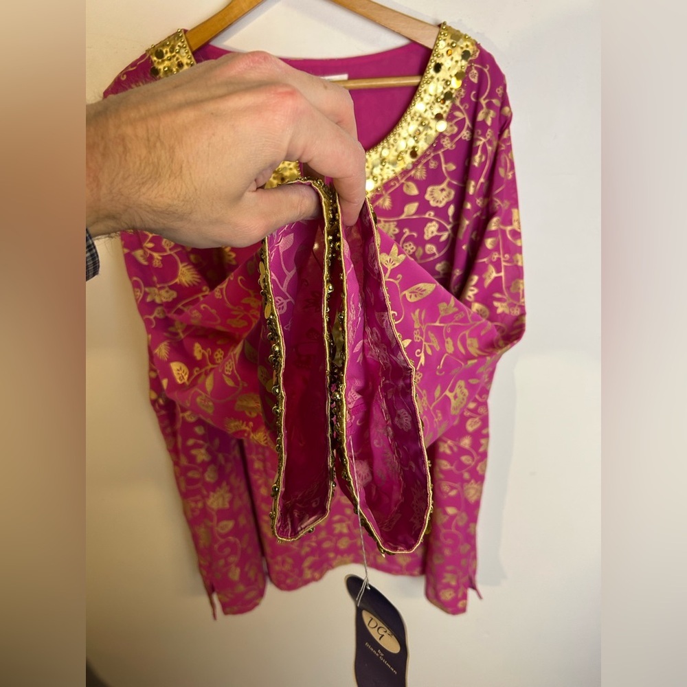 NWT VTG Diane Gilman Fuchsia and Gold Floral Tunic Beaded Blouse Size 2X Floral - Picture 10 of 16